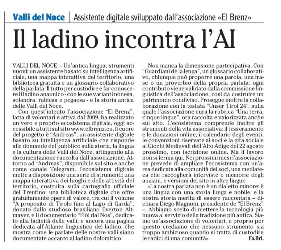 Pagina de l'Adige del 20 luglio 2026 con l'articolo «Il ladino incontra l'AI» dedicato all'Associazione El Brenz